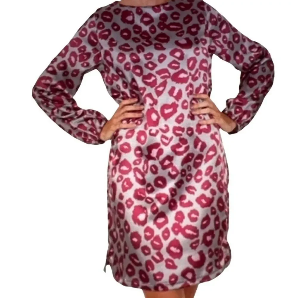 TRACY NEGOSHIAN Women’s Ana Leopard Print Shift Dress Gray/Pink/Red Size Medium